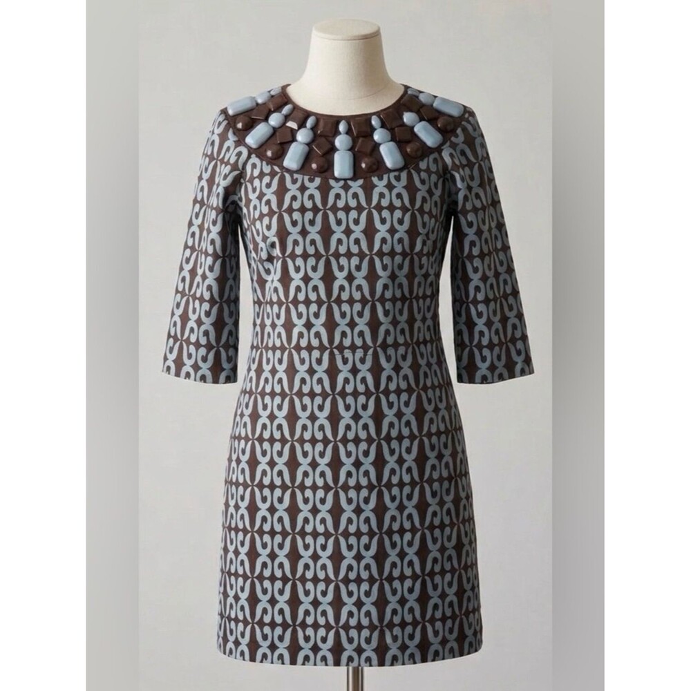 Milly of New York Silk Beaded Collar Shift Mod Dress Size 2 Turquoise Brown